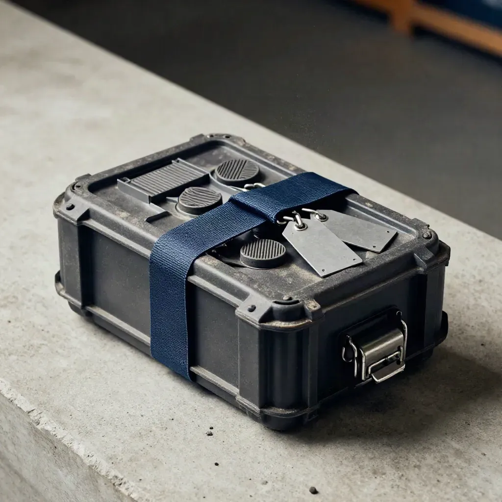 Warehouse security seals, scanning pucks, and riveted tags on a concrete bench