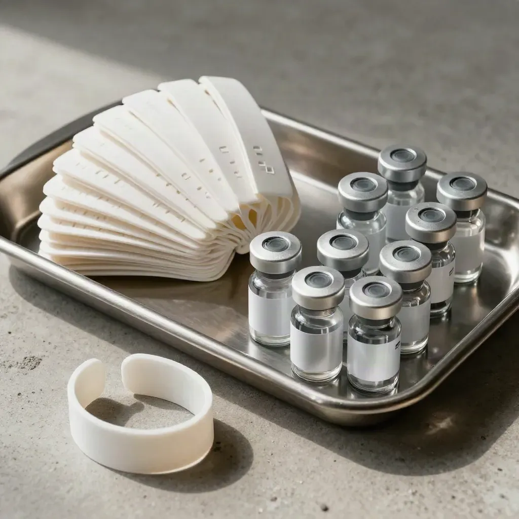 Top-down macro of RFID wristbands, vial caps, and a steel tray on pale concrete.