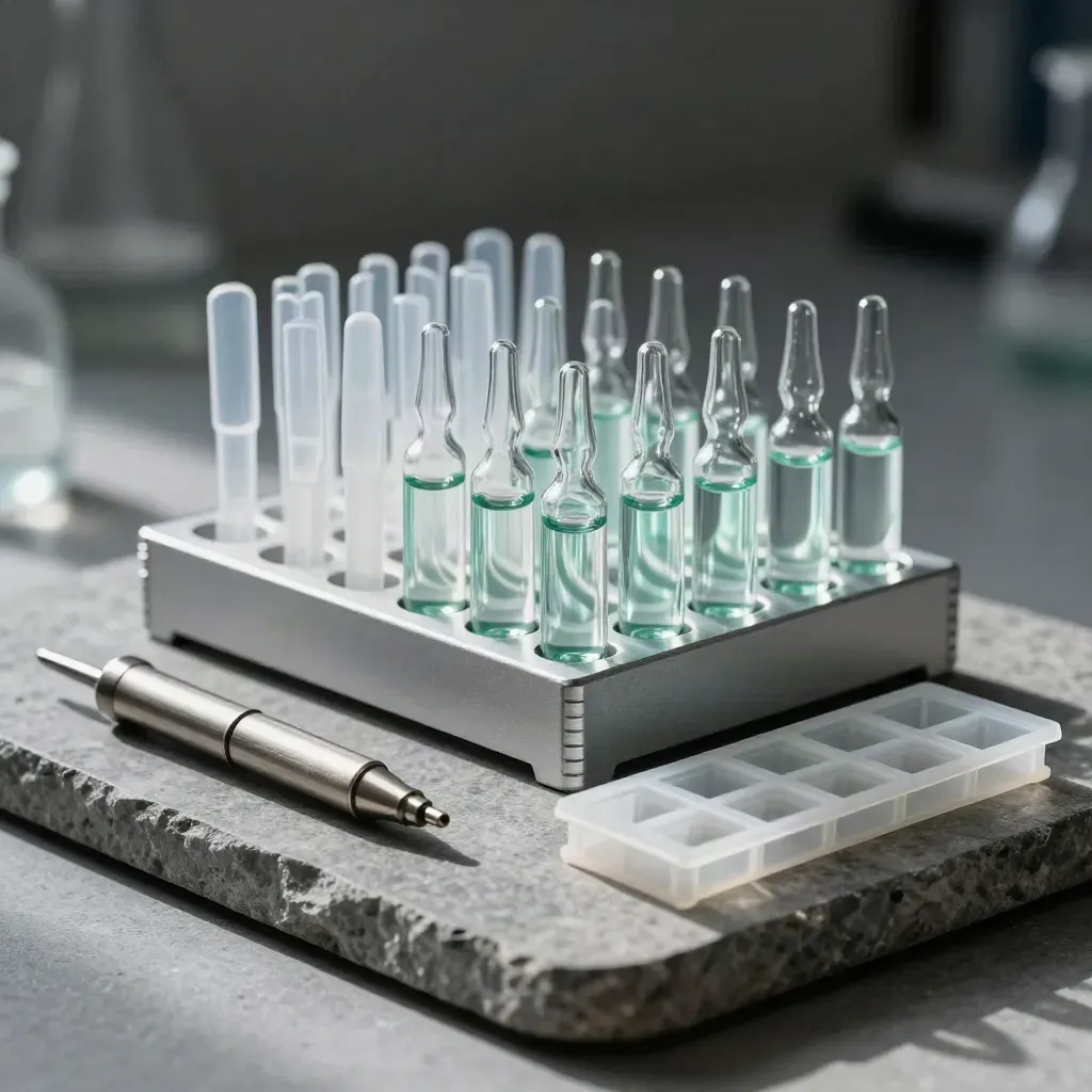 Lab ampoules, pipette tip racks, and aluminum holder on stone in dramatic studio light.
