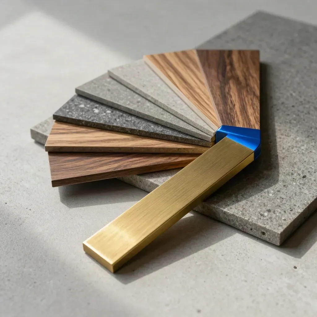 Material board with stone chips, walnut strips and brass bars on concrete, accented with blue.