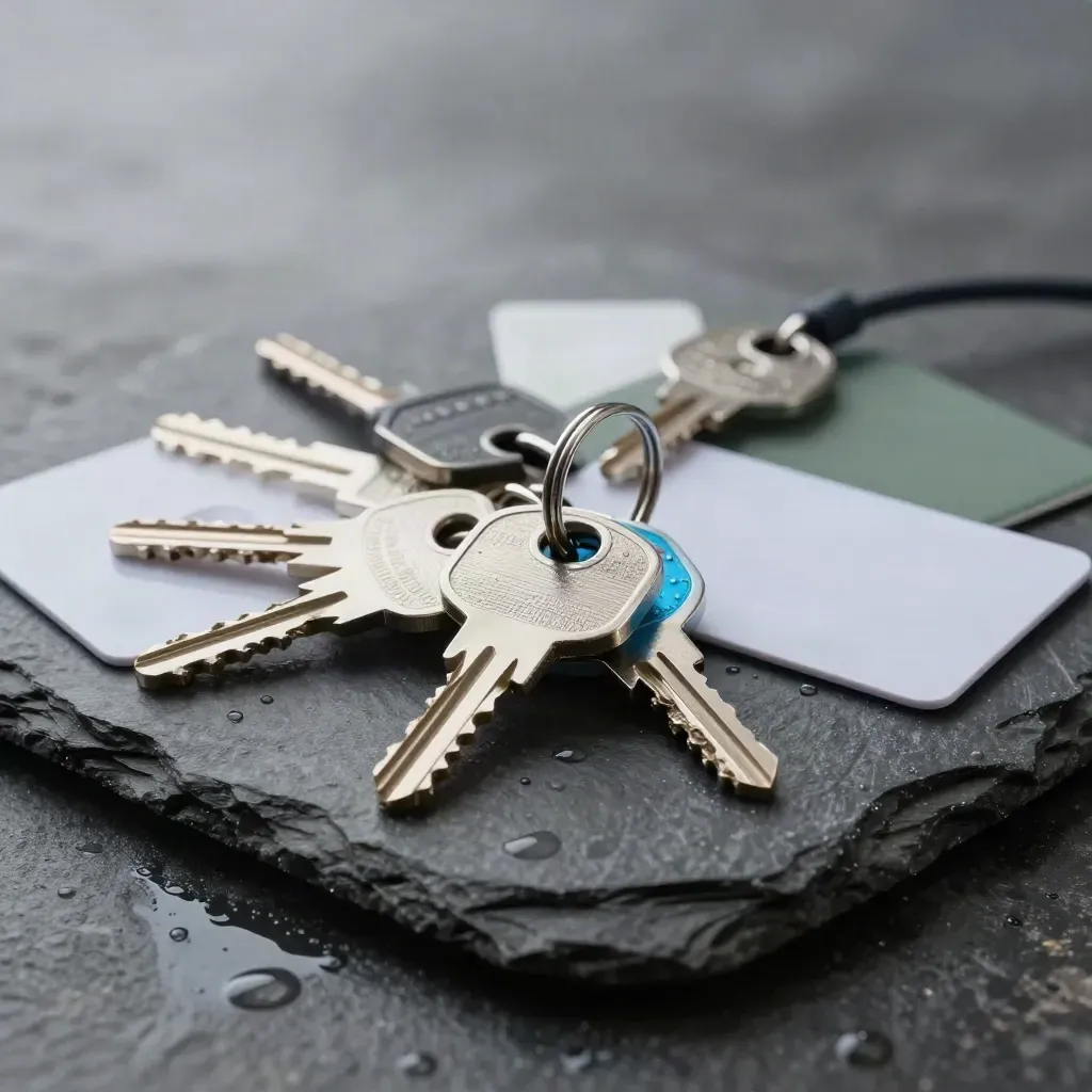 Security keys and access cards on wet slate at dawn with mist and blue accent