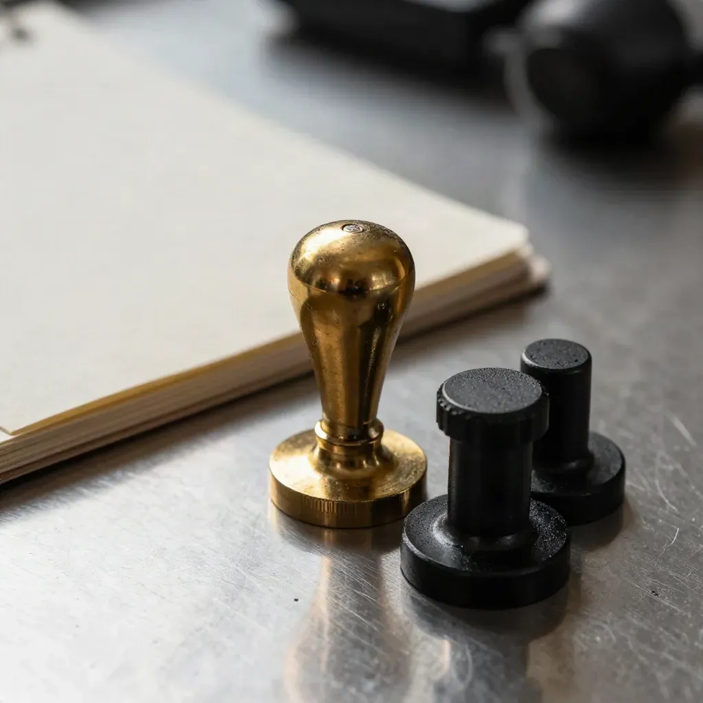 Brass seal and ledger weights on brushed steel with an ivory card sleeve, softly lit in macro detail.
