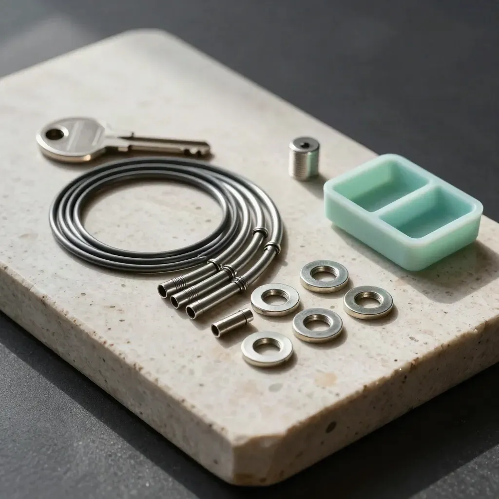 Top-down repair kit still life with gasket rings, ferrules, washers, and mint tray on travertine.