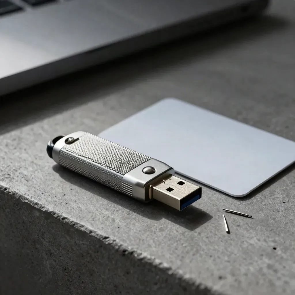 USB security key, smart-card sleeve, and spacer pins on graphite concrete, close macro.