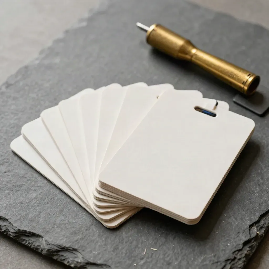 Top-down macro of onboarding badges with brass punch tool and alignment block on slate.