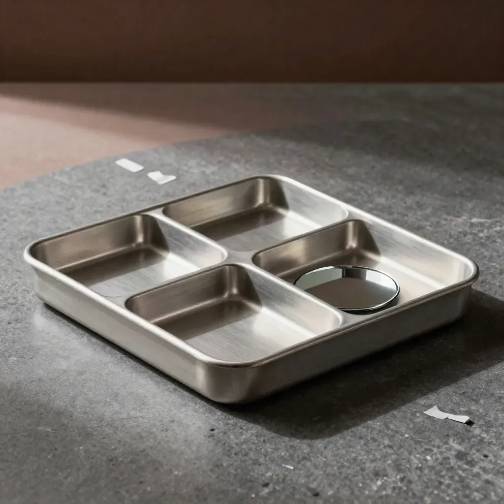 Aluminum compartment tray with shifting dividers and a mirrored disk on graphite stone.