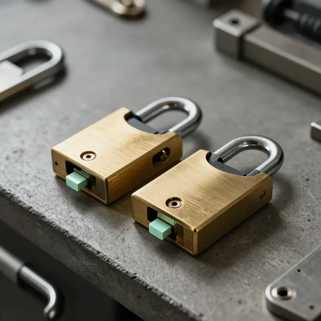 Lock cylinder pair with brass gate plates and dark shims on a graphite workshop surface.
