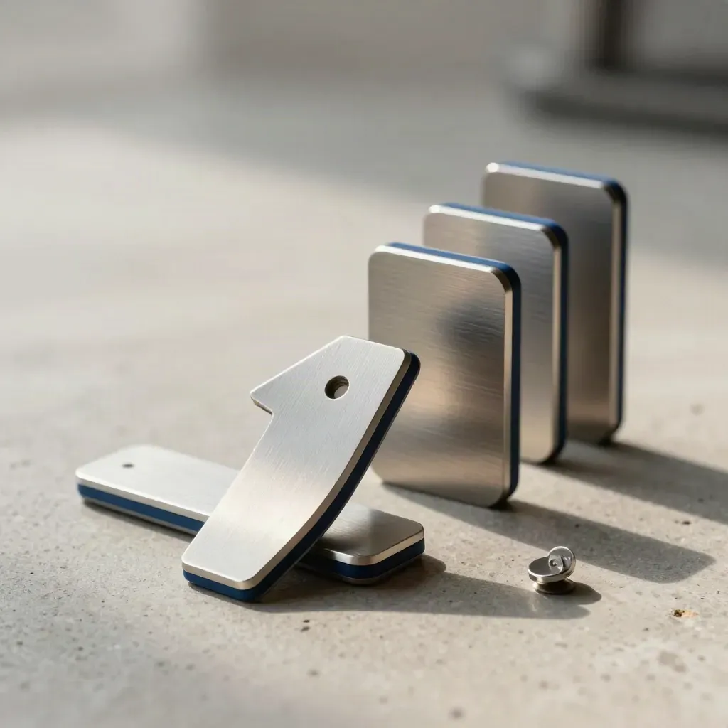 Nested metal route markers and a folded arrow guide on a matte graphite surface with a small progress token.