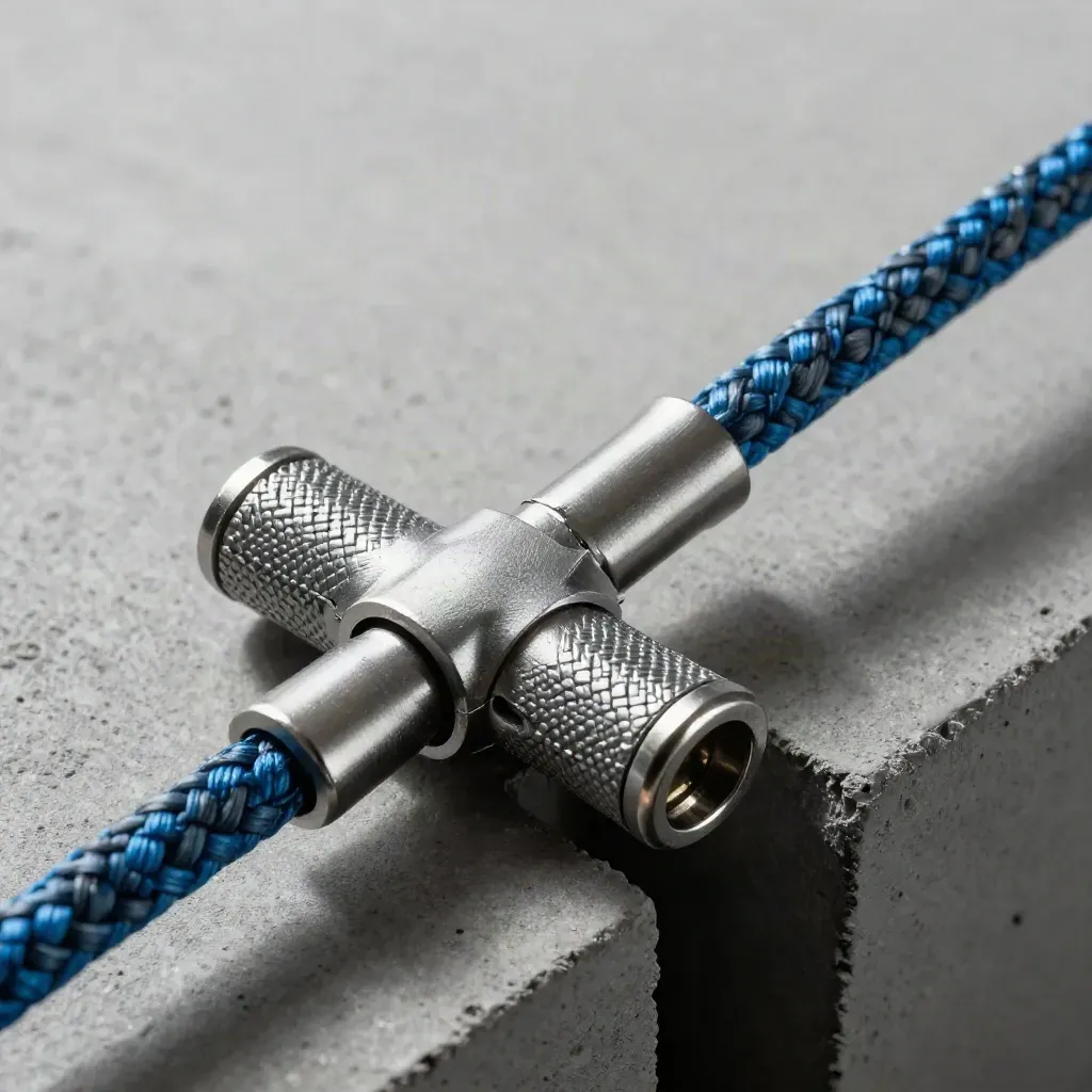 Braided cable coupler mid-lock on graphite concrete with blue accent and soft haze.