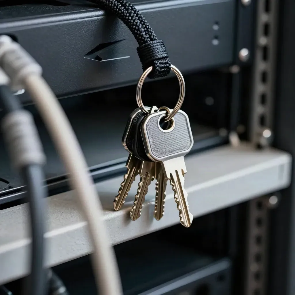 Macro still life of server keys, badge clips, and braided cable ties on concrete.
