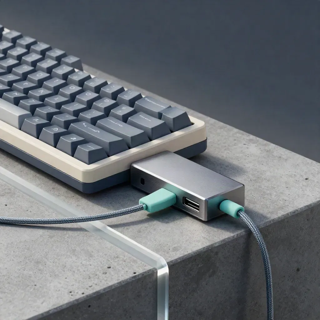 Macro still life of a keyboard cluster, USB-C hub, and aluminum stand on concrete.