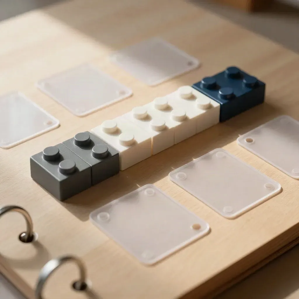 Top-down modular blocks, index sleeves, and adhesive dots on oak with a blurred binder arc.