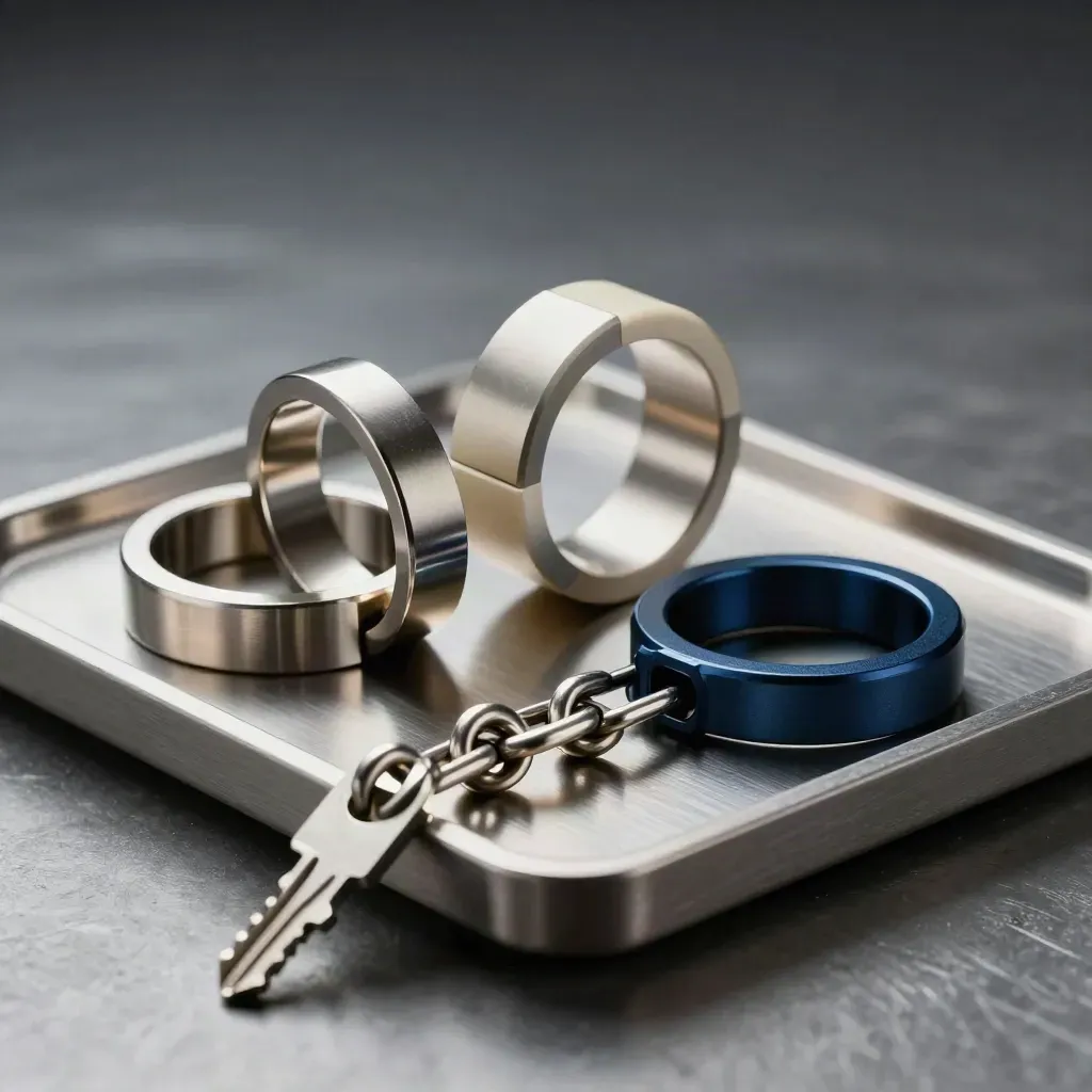 Machined rings, modular blocks, and cable clips on brushed steel in moody studio light.