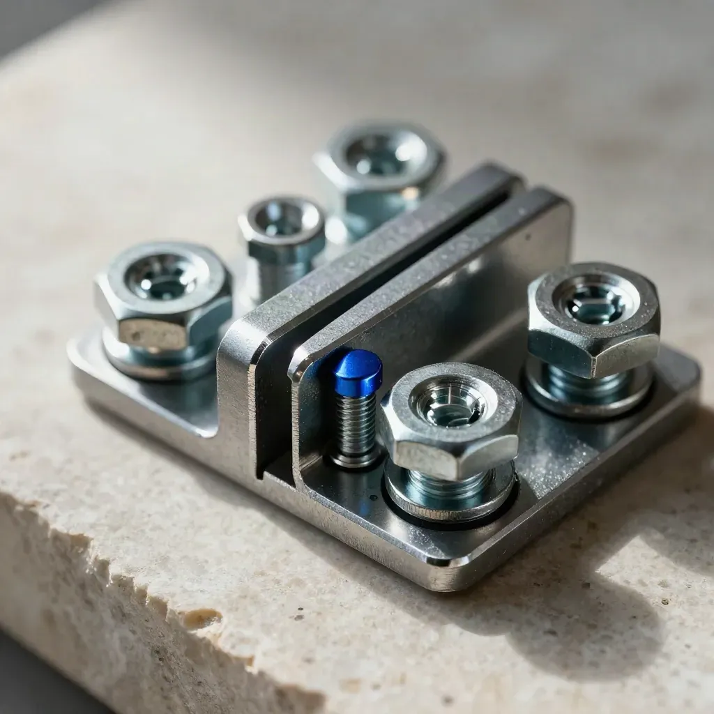 Steel brackets, hex fasteners, and a thumb screw on pale stone with a blue accent.