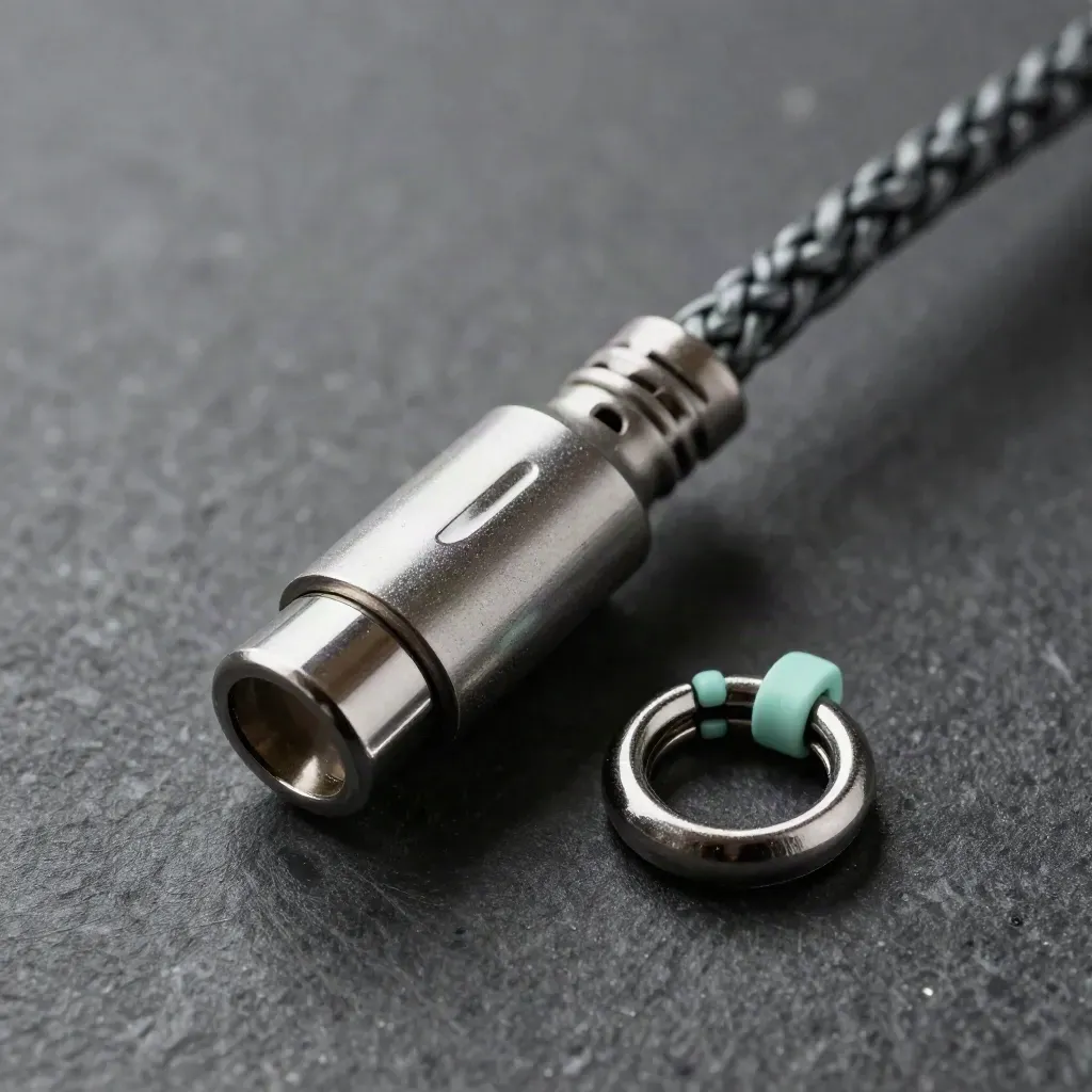 Macro of a braided payment cable, locked coupler cap, and mint-accent adapter on dark stone.